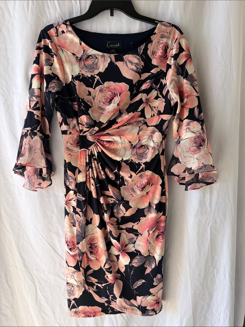 connected apparel Black Midi Dress with Pink Floral Print